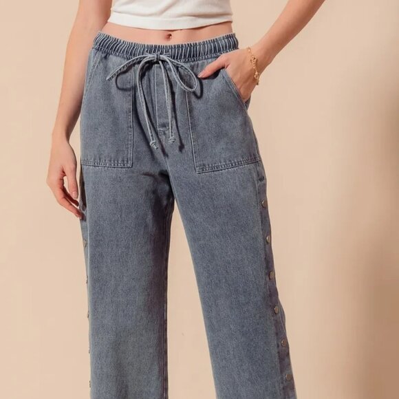 SO ME Mid Rise Drawstring Jeans with Side Snap Button - Picture 1 of 8